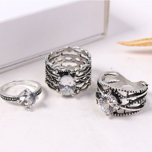 P131408 3 Silver Ring Set Crystal Stone Cool Chunky Rings Shop - Click Image to Close